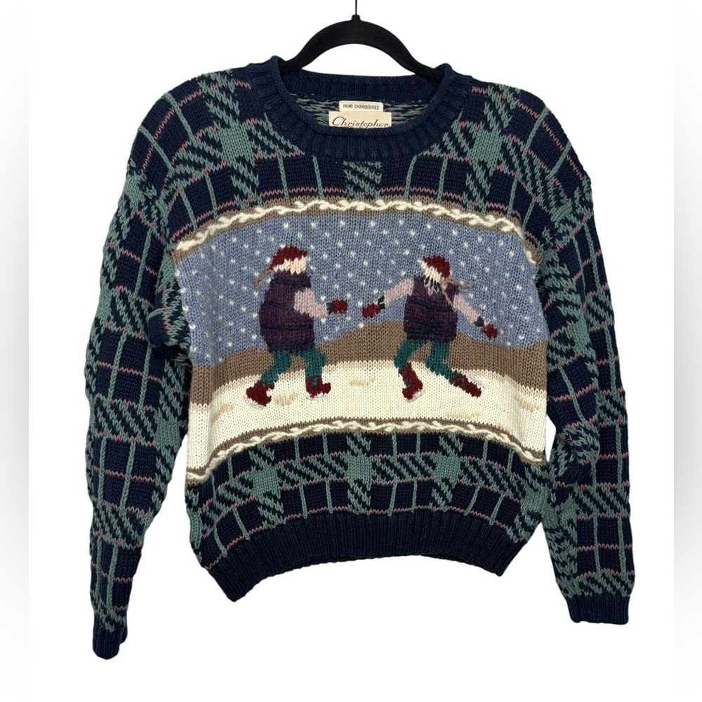 VTG Hand Embroidered Ice Skating Scene Knit Crewneck Sweater Grandmacore Large